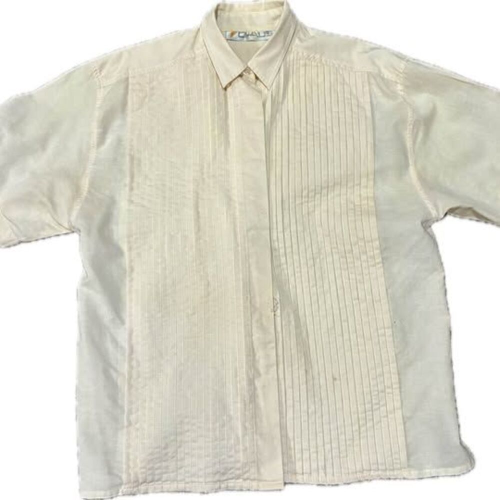 CHAUS Women's Cream Pleated SS Collared Blouse Size 12 -Cotton/Linen/Ramie Blend